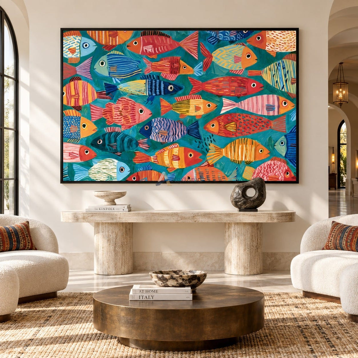 texture Colorful Fish Wall Art – Folk Art Style on Teal#CI260625
