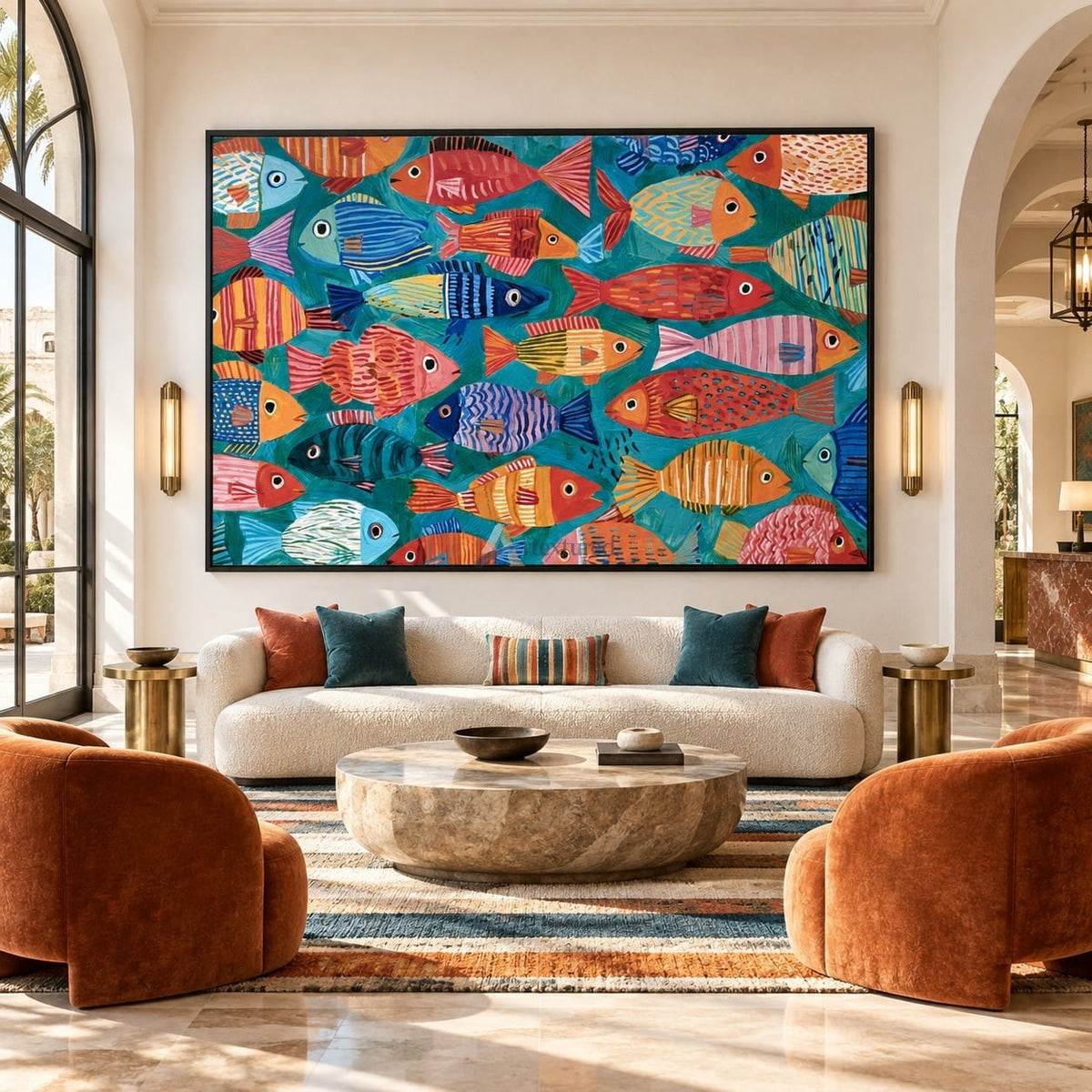 Colorful Fish Wall Art – Folk Art Style on Teal#CI260625