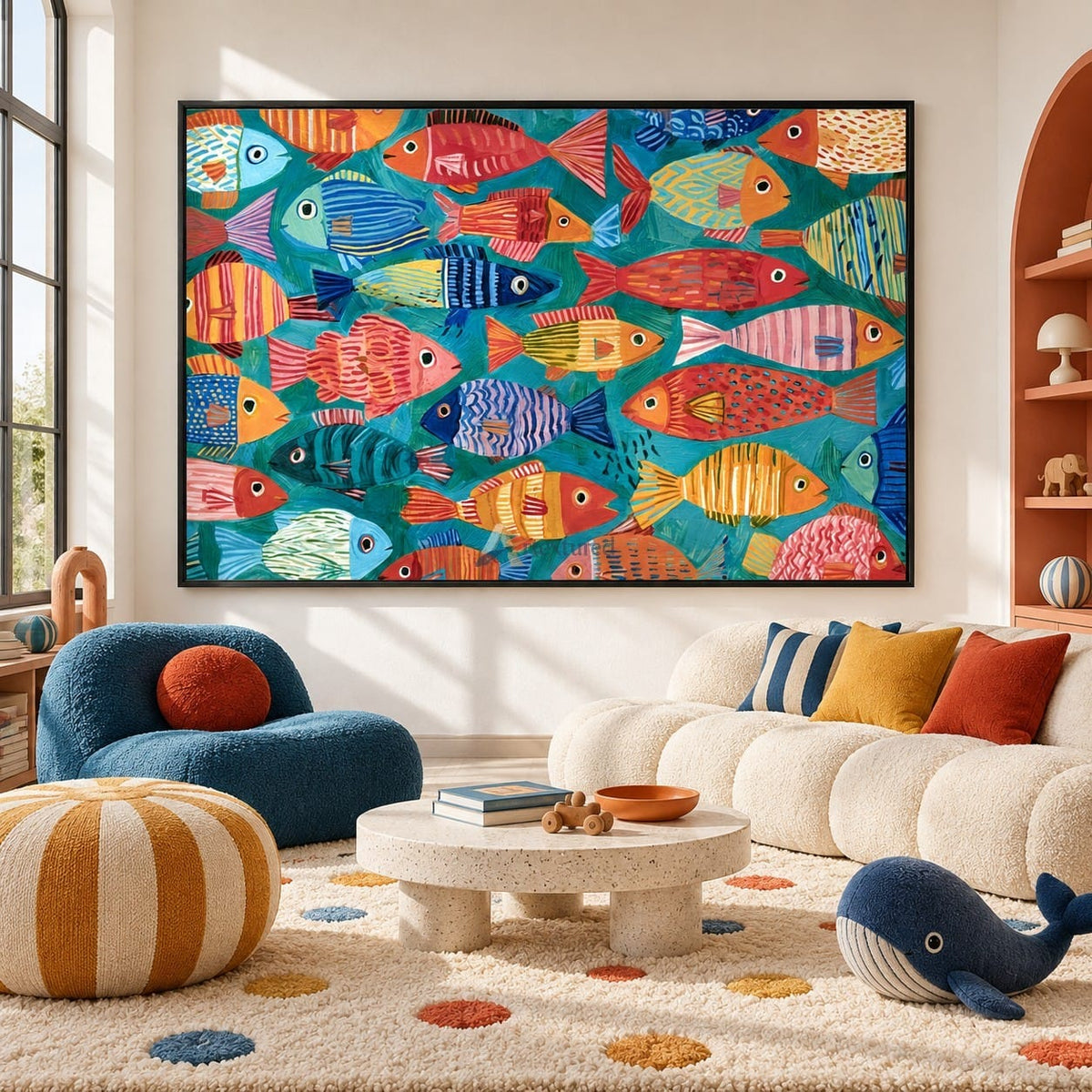 Colorful Fish Wall Art – Folk Art Style on Teal#CI260625