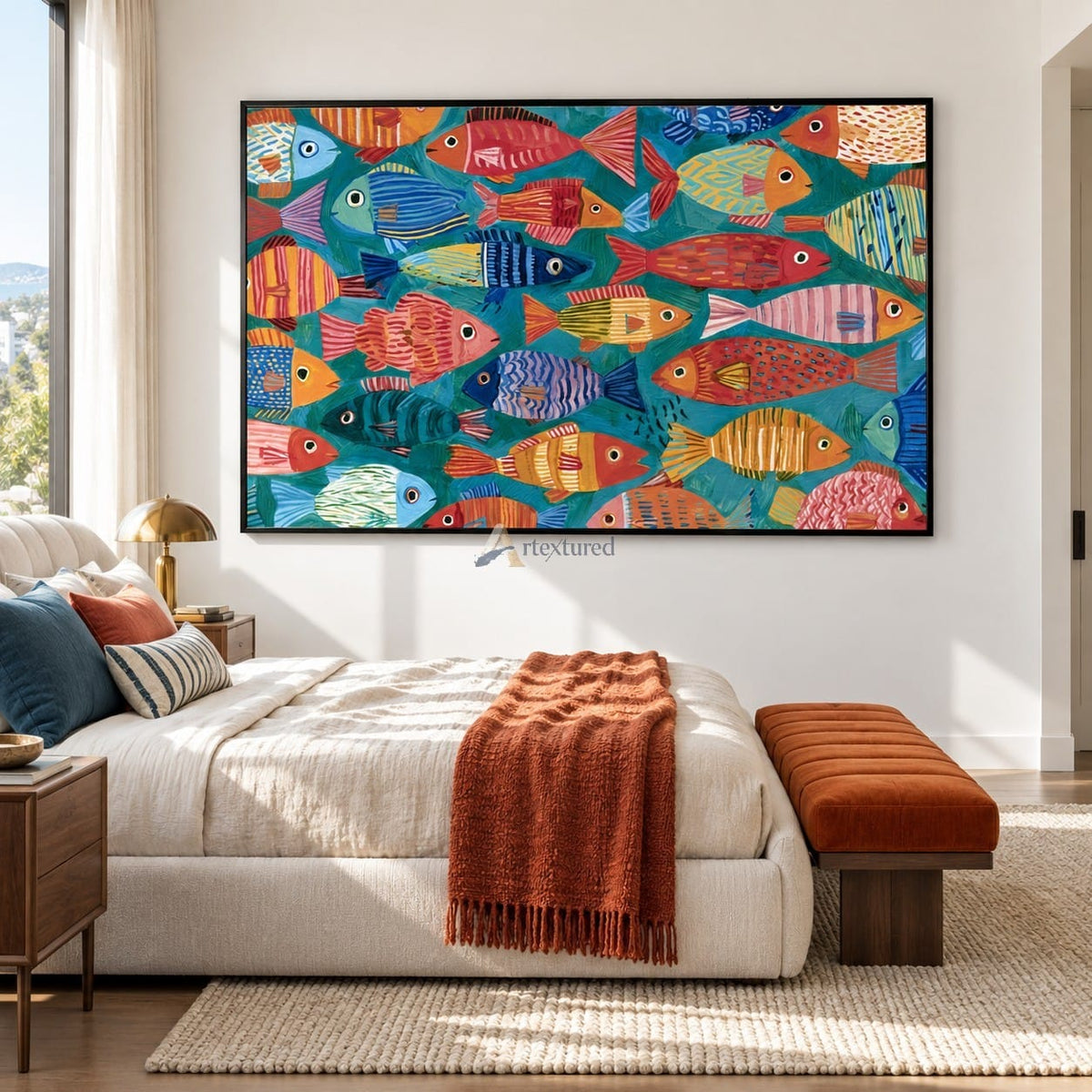 Colorful Fish Wall Art – Folk Art Style on Teal#CI260625