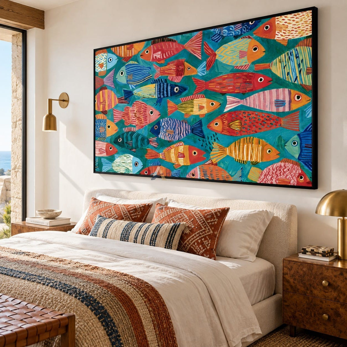 Colorful Fish Wall Art – Folk Art Style on Teal#CI260625