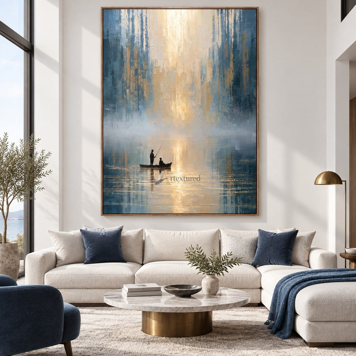 texture Blue and Gold Boat Wall Art – Still Waters#CI260631