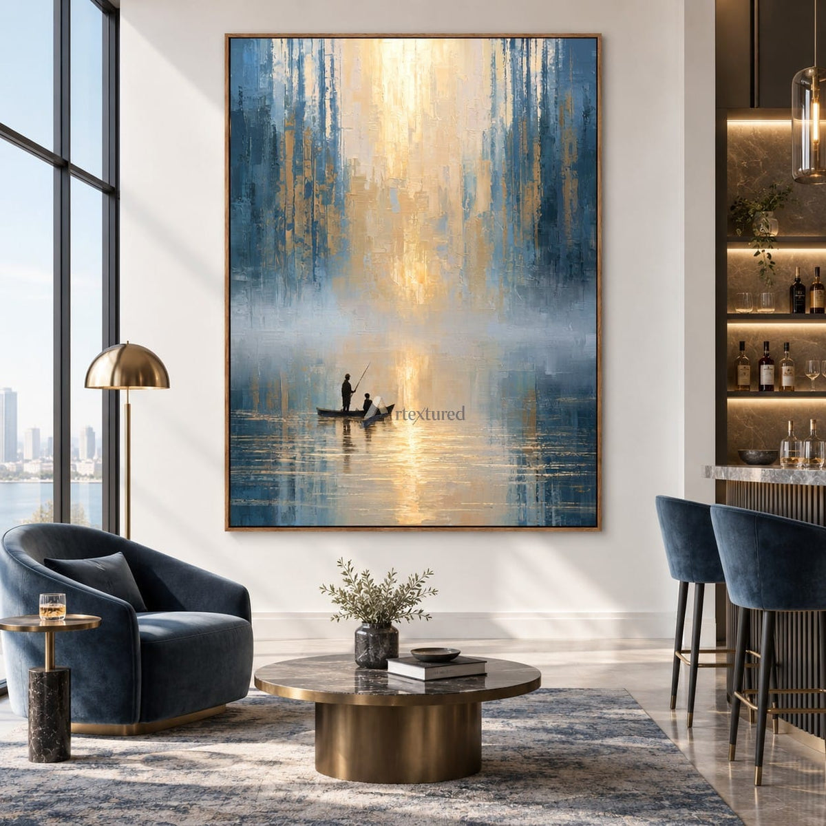 Blue and Gold Boat Wall Art – Still Waters#CI260631