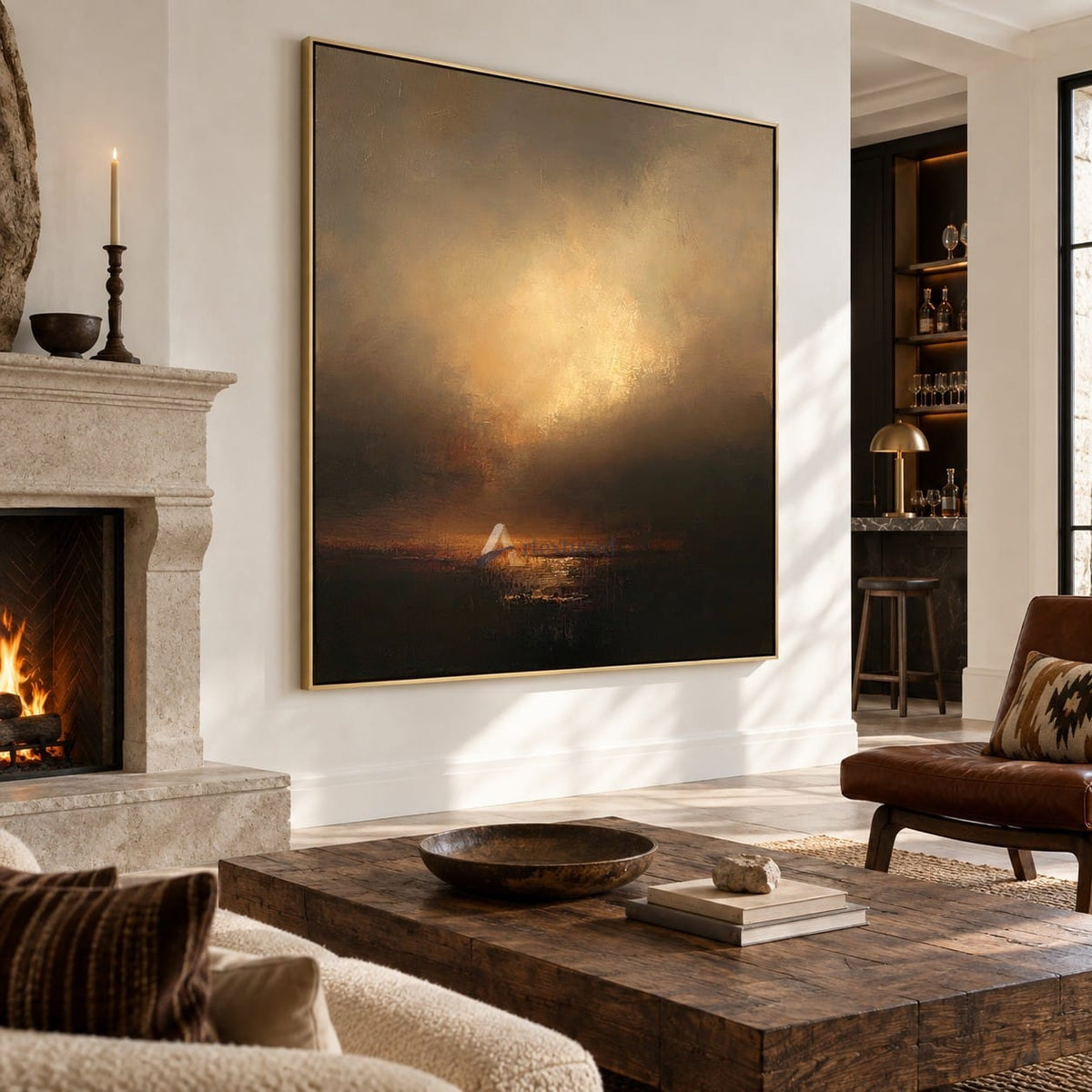 Golden Abstract Waterscape Wall Art – Evening Reflection#CI260637