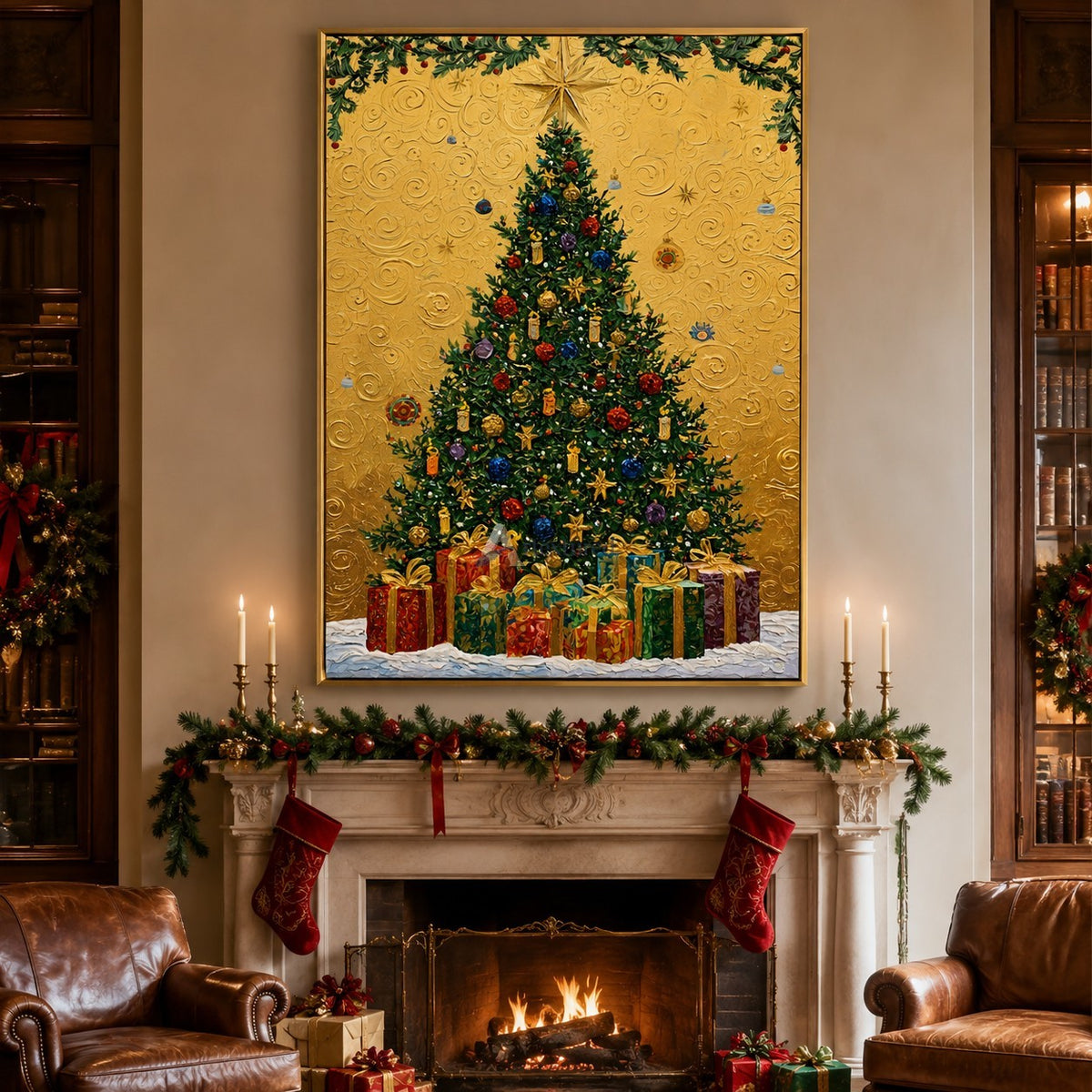 Christmas Tree and Gifts Wall Art – Golden Star#CI260648