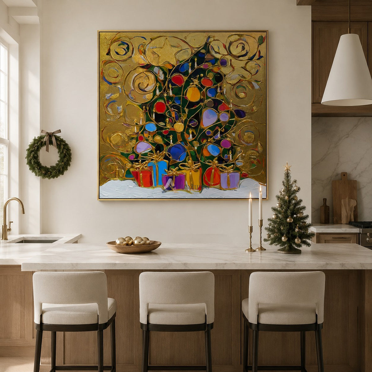 Abstract Christmas Tree Wall Art – Golden Swirls#CI260649