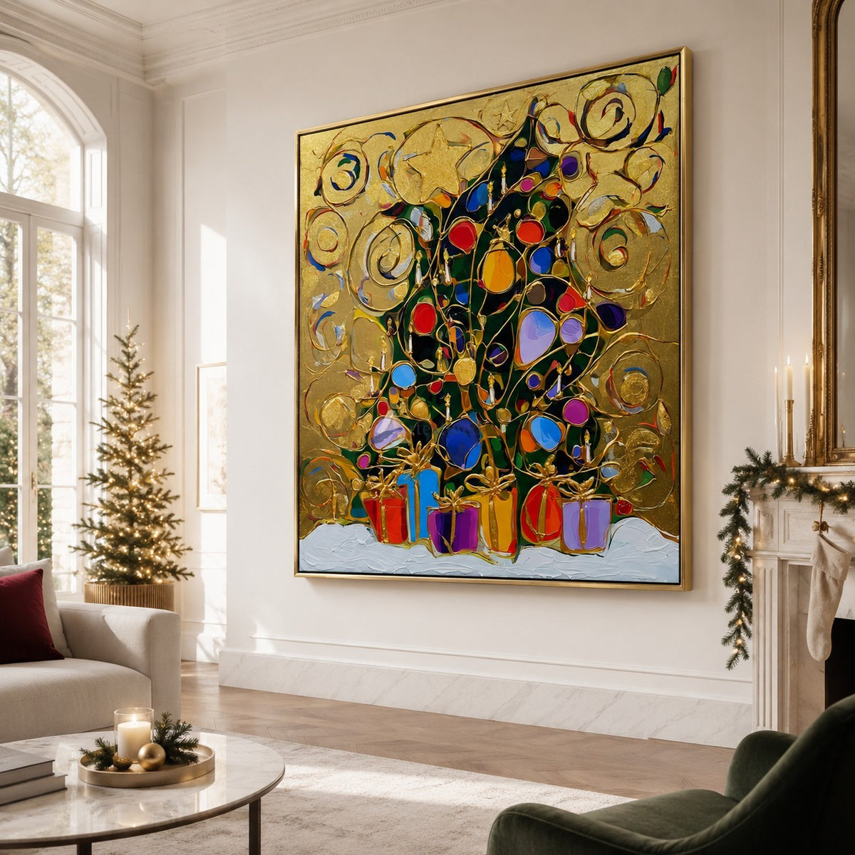 Abstract Christmas Tree Wall Art – Golden Swirls#CI260649