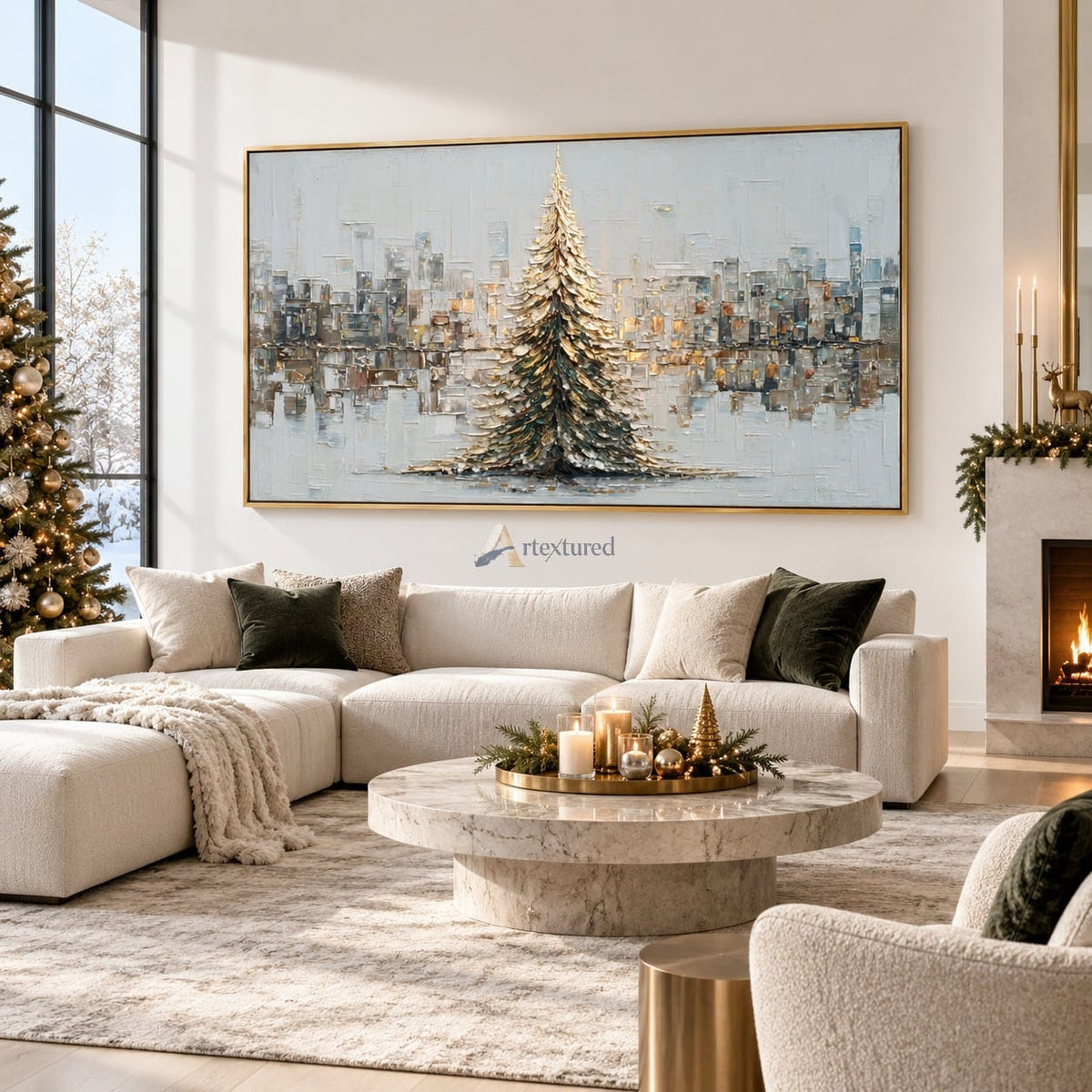 texture Winter Tree Wall Art – Golden Evergreen Skyline#CI260651