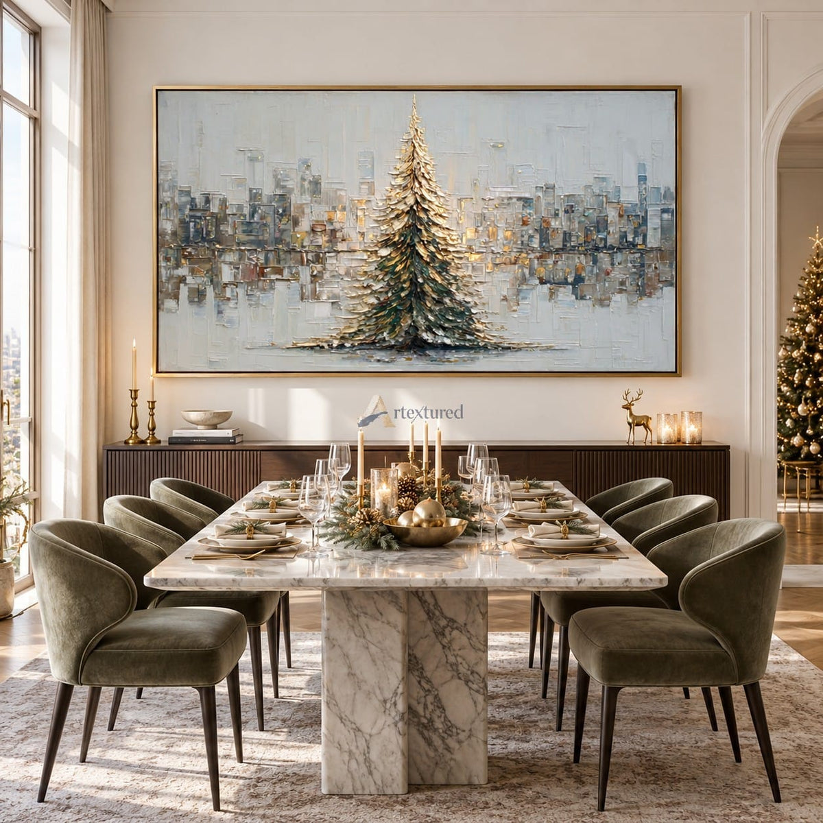 Winter Tree Wall Art – Golden Evergreen Skyline#CI260651