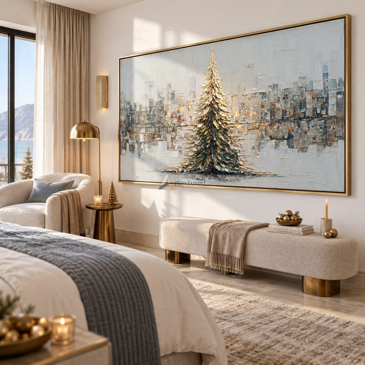Winter Tree Wall Art – Golden Evergreen Skyline#CI260651
