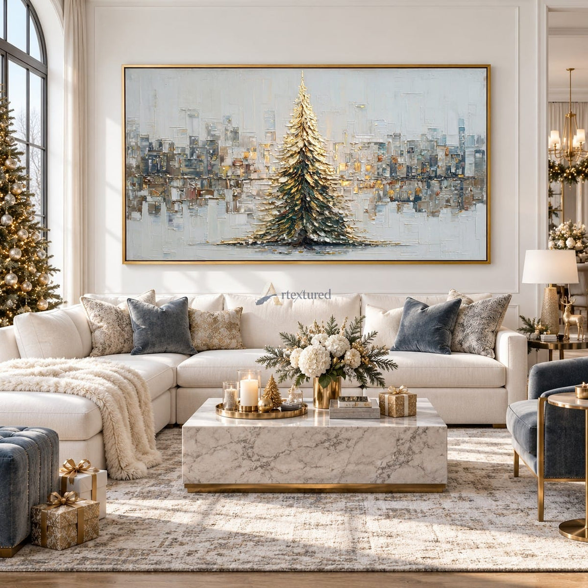 Winter Tree Wall Art – Golden Evergreen Skyline#CI260651