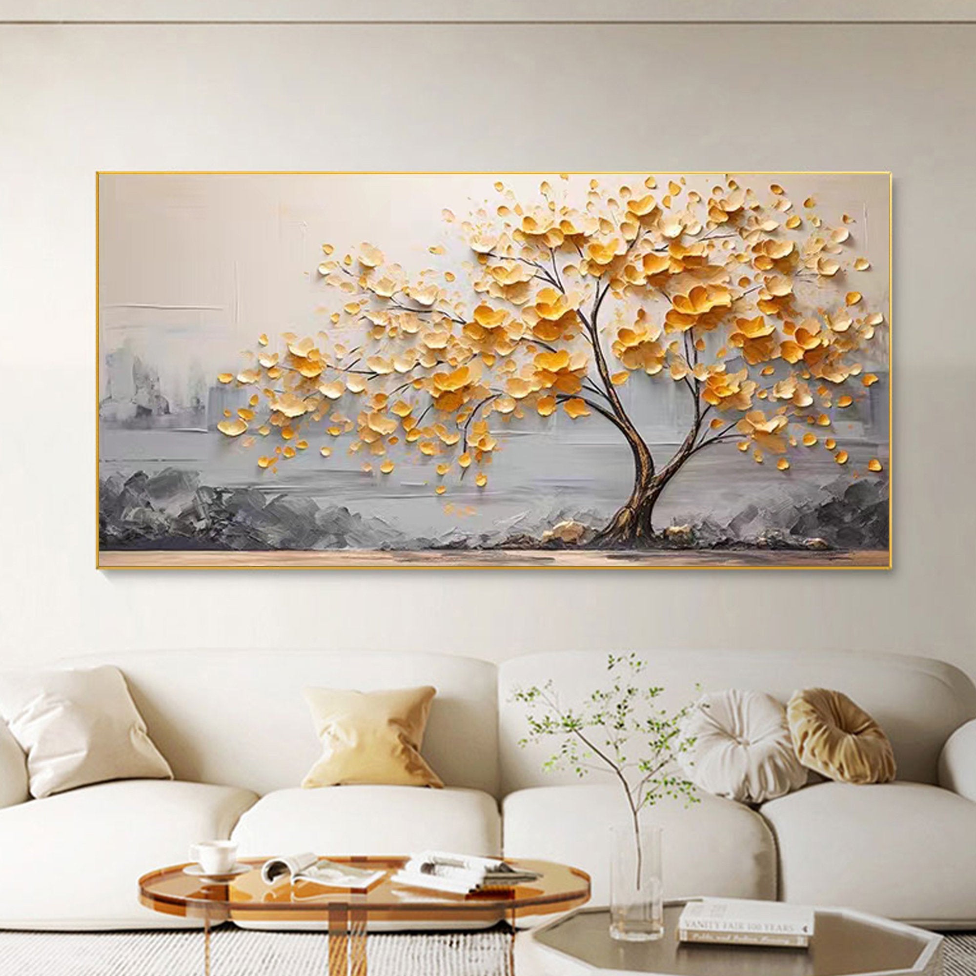 Large Abstract Tree Canvas Painting - Golden Leaves Wall Art