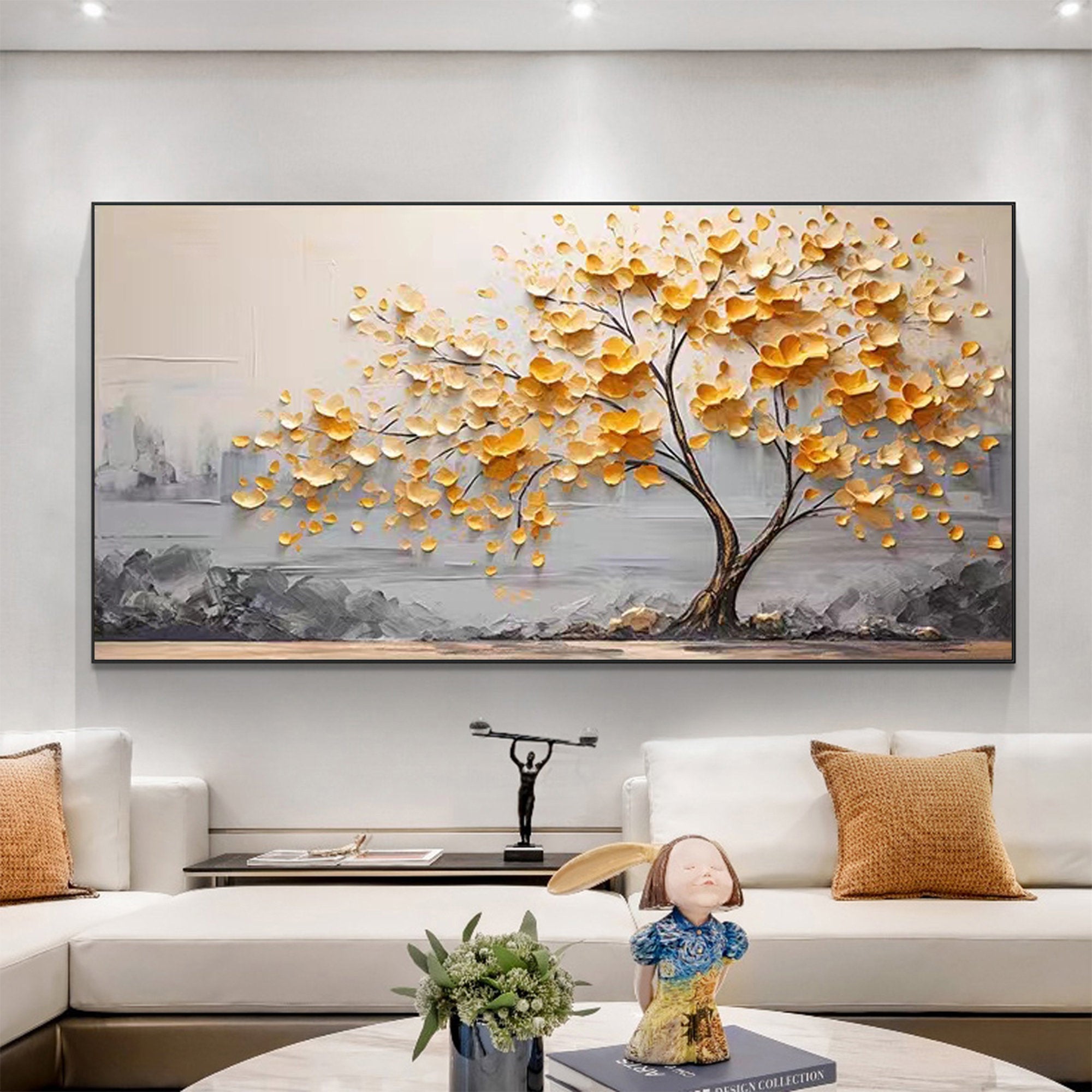 Large Abstract Tree Canvas Painting - Golden Leaves Wall Art