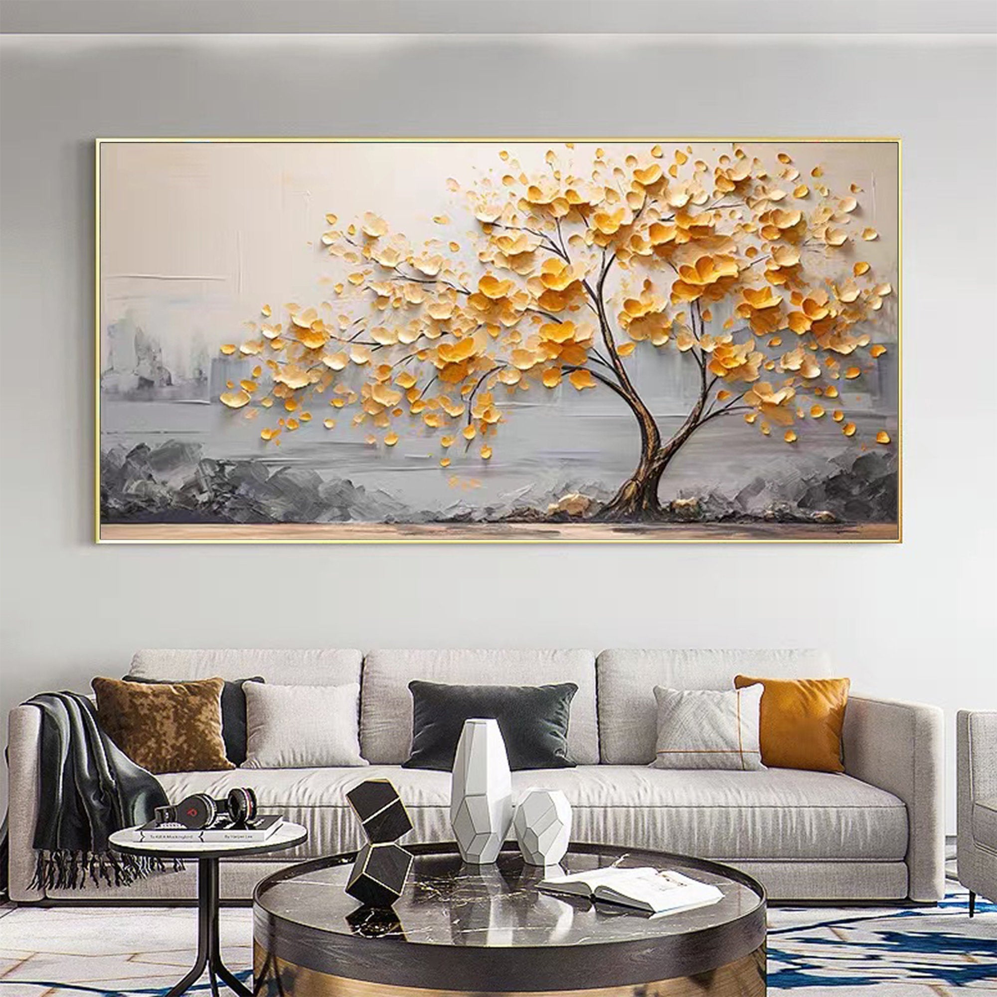 Large Abstract Tree Canvas Painting - Golden Leaves Wall Art