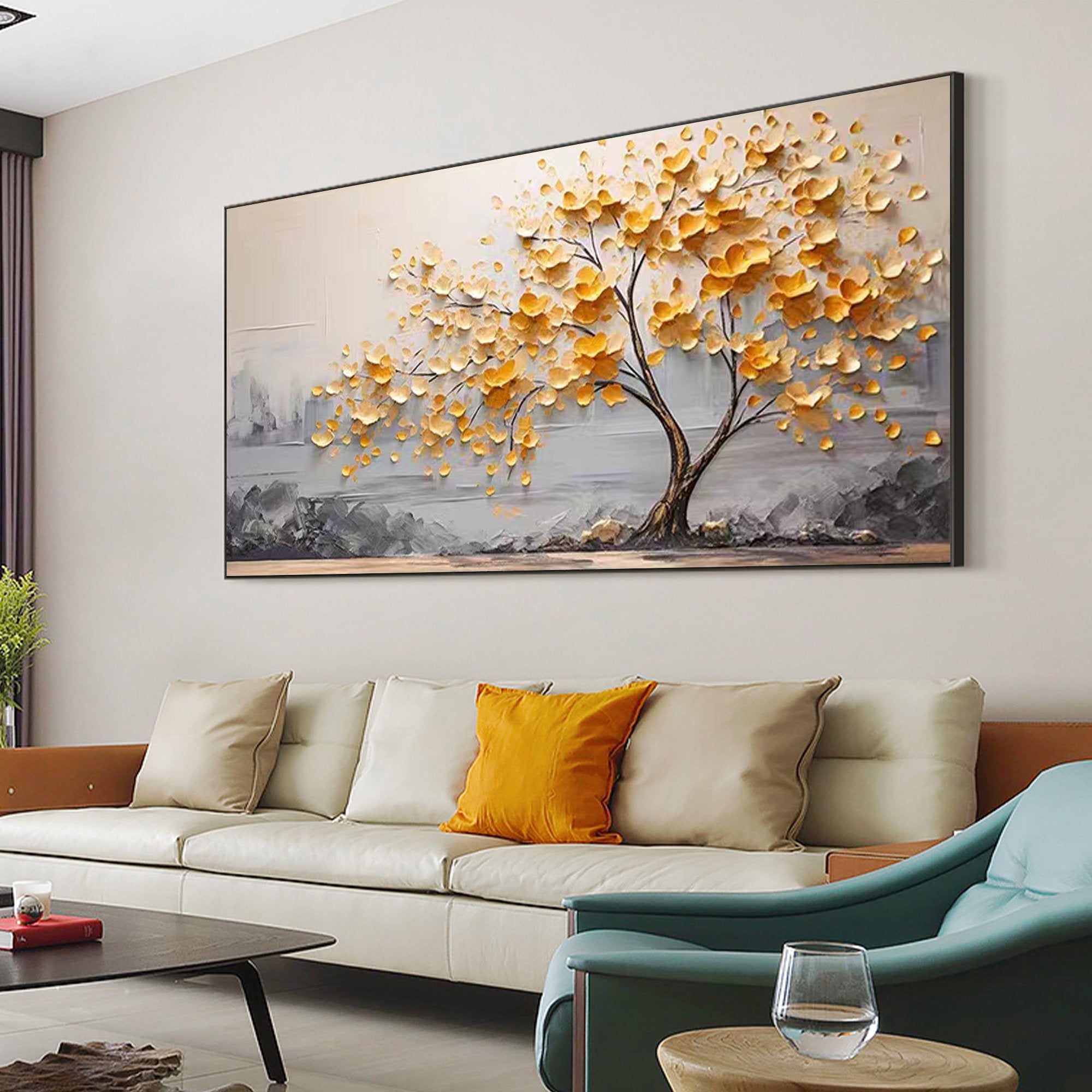 Large Abstract Tree Canvas Painting - Golden Leaves Wall Art