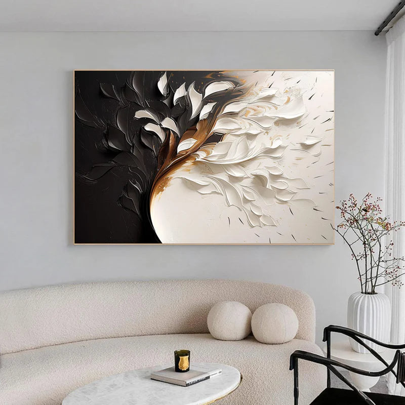 Eclipsed Bloom-Hand drawn 3D Black and White Leaf Abstract Wall Art