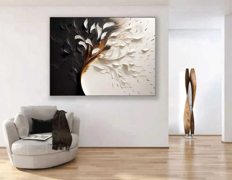 Eclipsed Bloom-Hand drawn 3D Black and White Leaf Abstract Wall Art