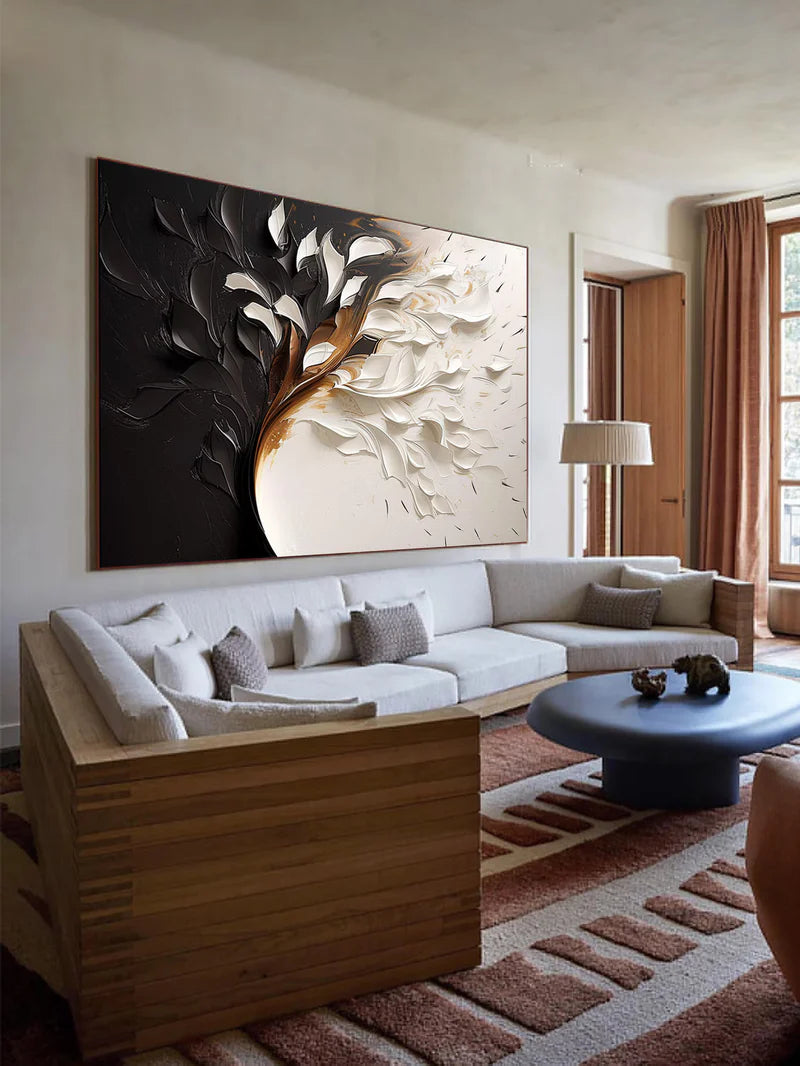 Eclipsed Bloom-Hand drawn 3D Black and White Leaf Abstract Wall Art