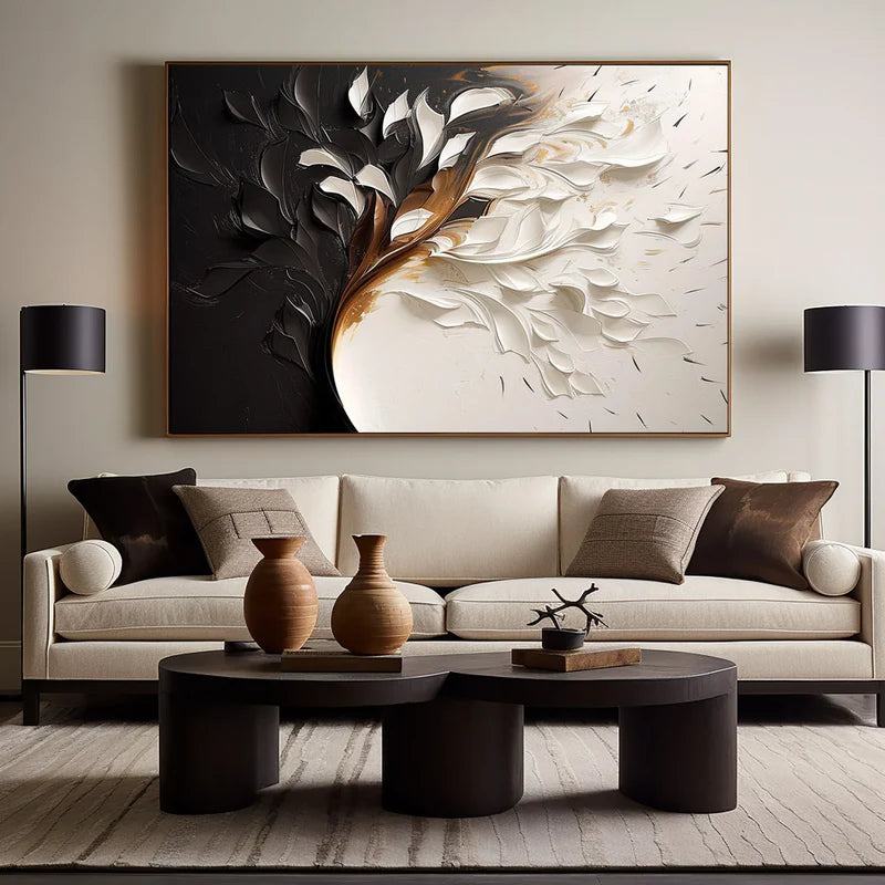 Eclipsed Bloom-Hand drawn 3D Black and White Leaf Abstract Wall Art