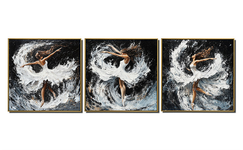 Eternal Dance - Hand-Painted Textured Ballerina Triptych Oil Painting