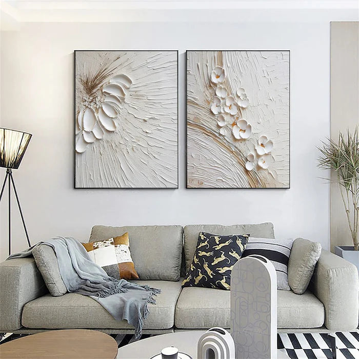 3D White Floral Textured Canvas Art - Set of 2