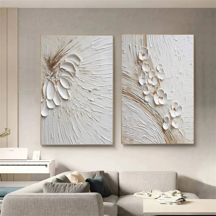 3D White Floral Textured Canvas Art - Set of 2