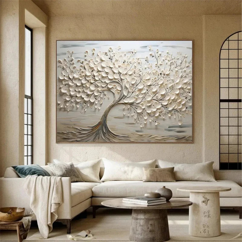 Eternal Bloom Textured Oil Painting – White Tree & Floral Wall Art#AB0519065