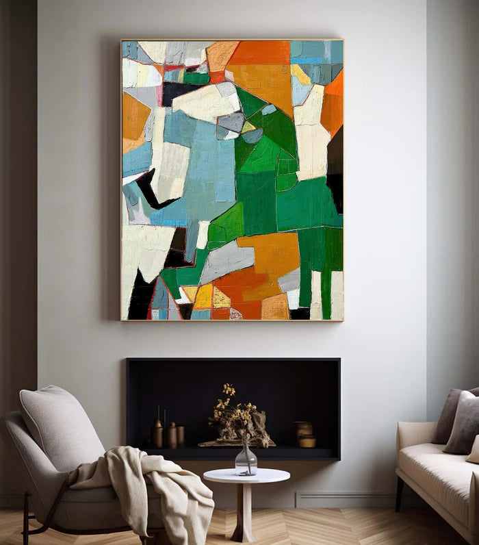 Fragmented Harmony - Hand-Painted Geometric Abstract Oil Painting