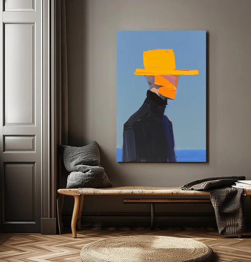 Golden Hat Figure-Hand Drawn Thick Painted Abstract Portrait Wall Art