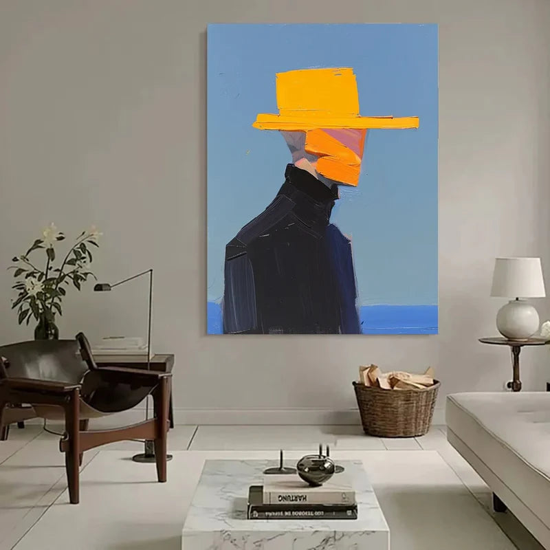 Golden Hat Figure-Hand Drawn Thick Painted Abstract Portrait Wall Art