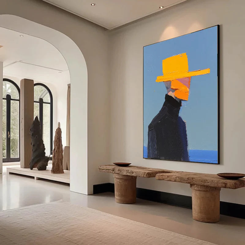 Golden Hat Figure-Hand Drawn Thick Painted Abstract Portrait Wall Art