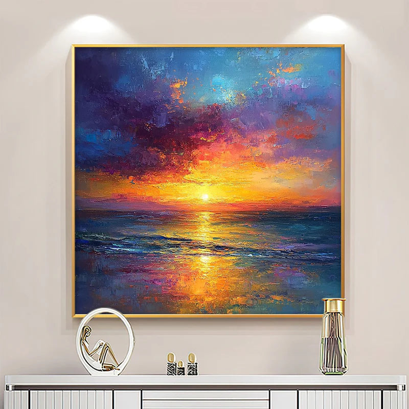 Golden Hour – Vibrant Sunset Seascape Textured Oil Painting