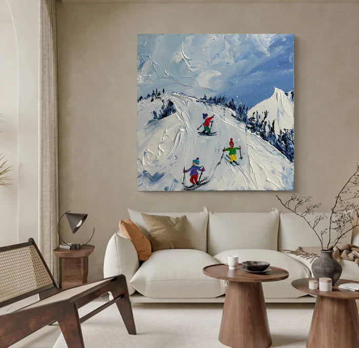 Joy of Winter Slopes - Skiing Theme Textured Oil Painting