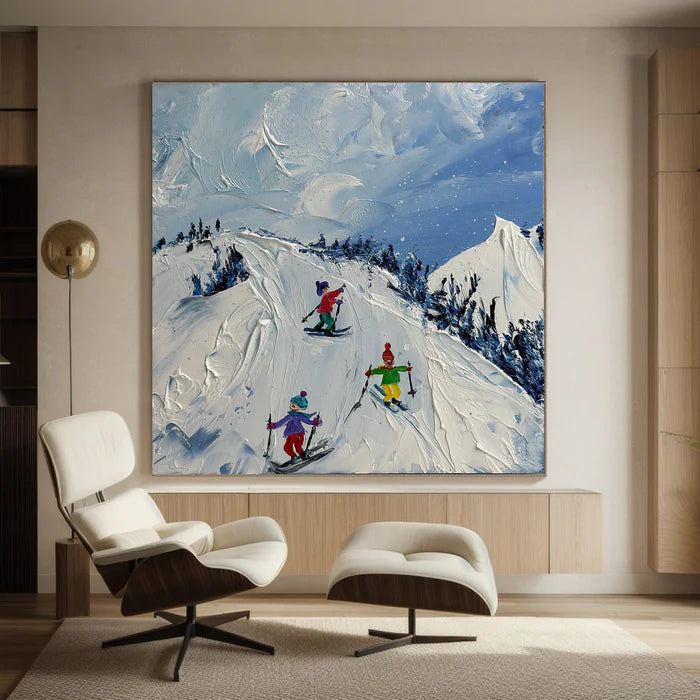Joy of Winter Slopes - Skiing Theme Textured Oil Painting