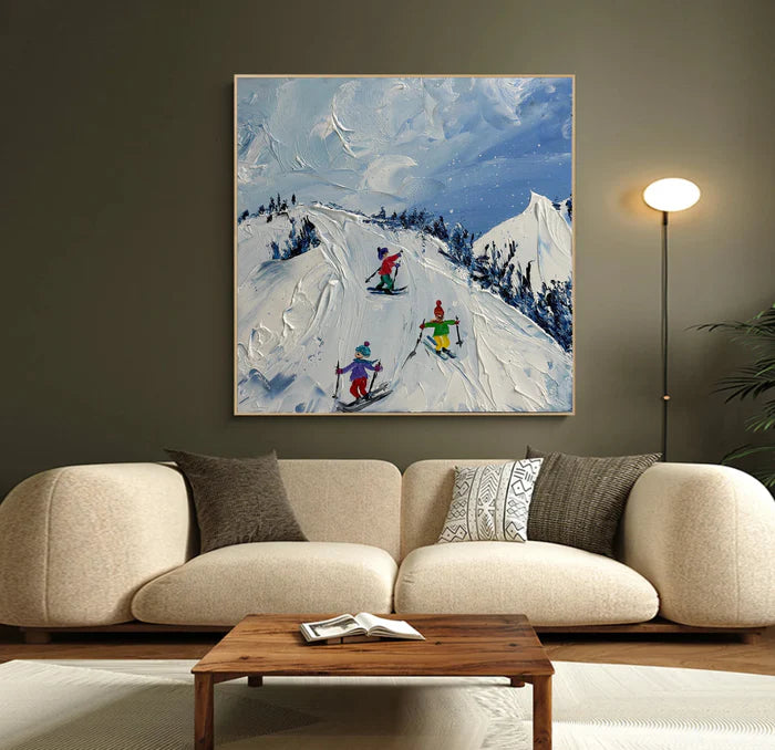 Joy of Winter Slopes - Skiing Theme Textured Oil Painting