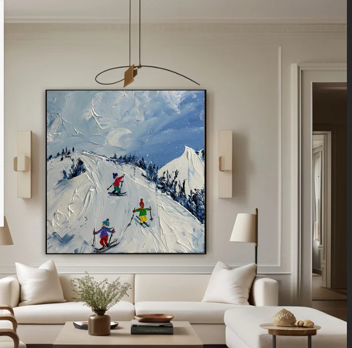 Joy of Winter Slopes - Skiing Theme Textured Oil Painting