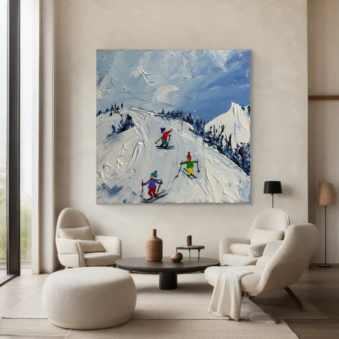 Joy of Winter Slopes - Skiing Theme Textured Oil Painting