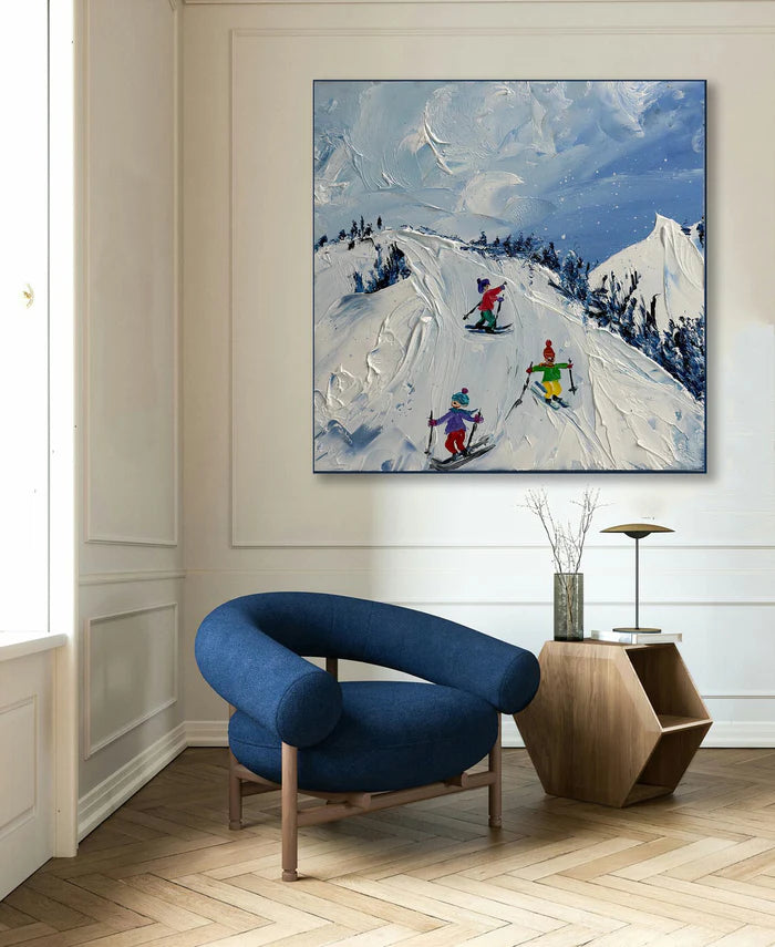 Joy of Winter Slopes - Skiing Theme Textured Oil Painting