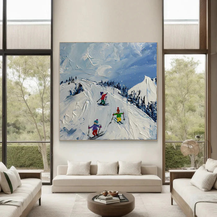 Joy of Winter Slopes - Skiing Theme Textured Oil Painting