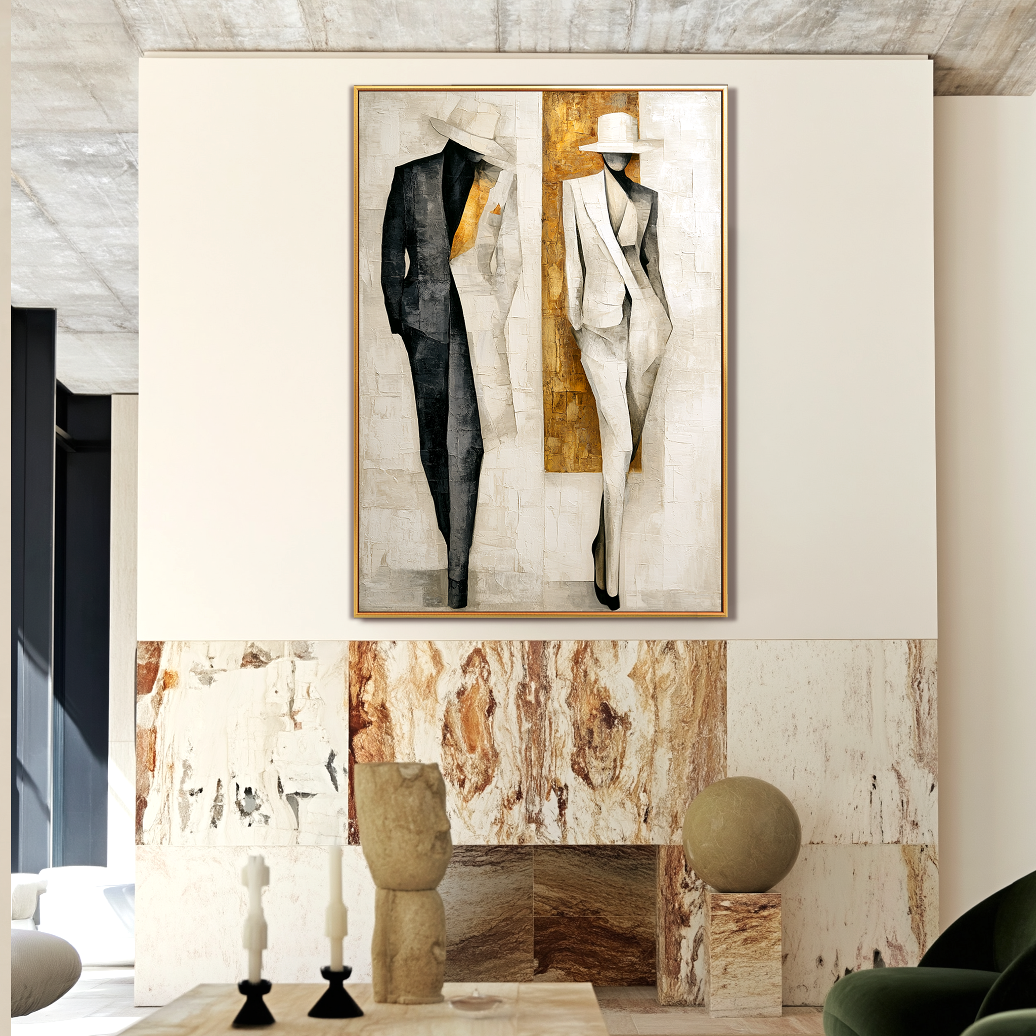 Gilded Duality – Textured Abstract Figurative Oil Painting#AB522010