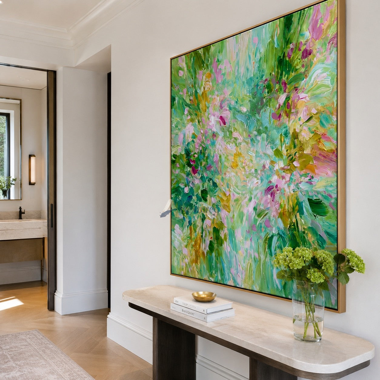 Green Floral Abstract Wall Art with Pastel Blooms#LL20260023