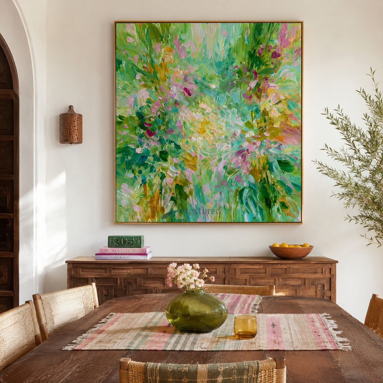 Green Floral Abstract Wall Art with Pastel Blooms#LL20260023