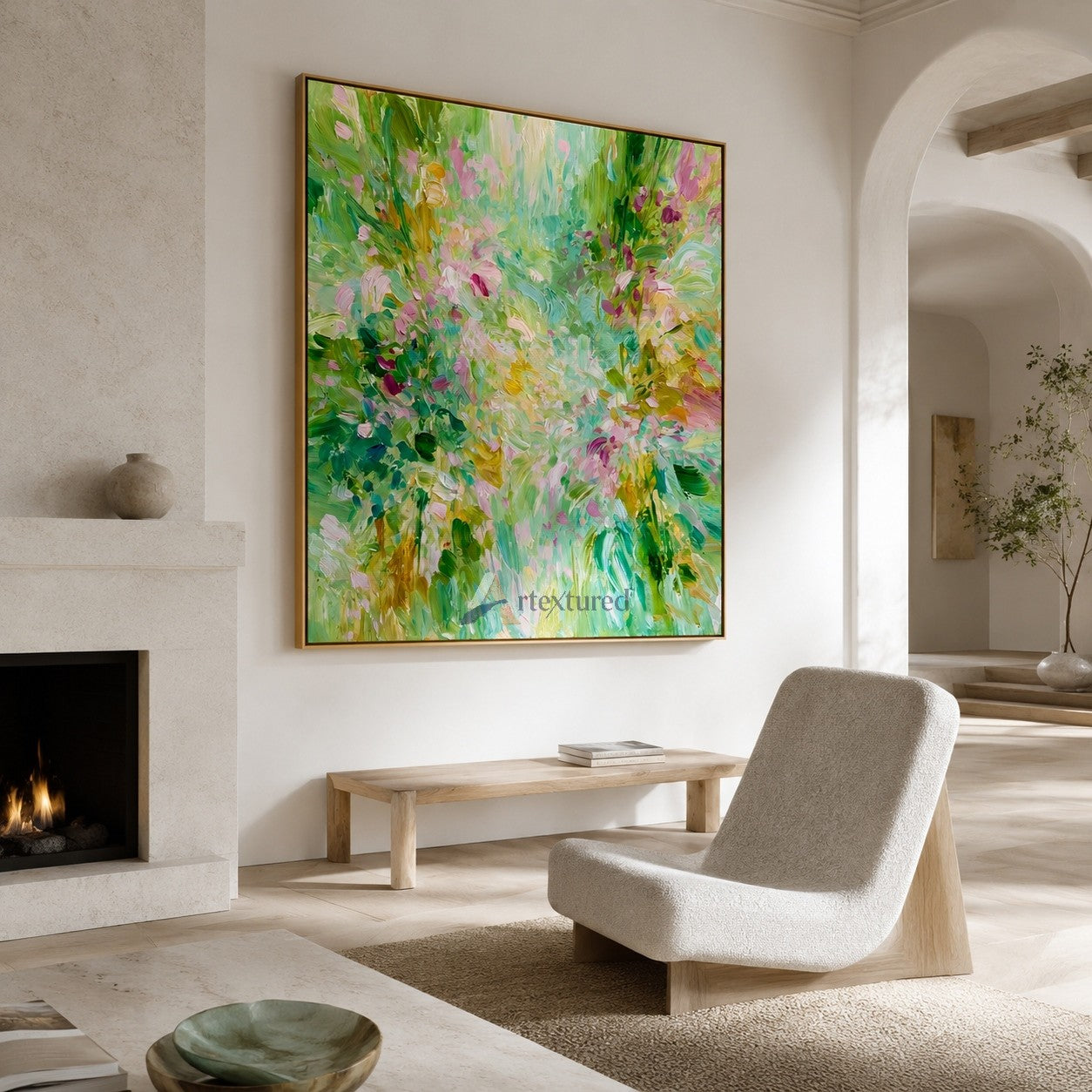 Green Floral Abstract Wall Art with Pastel Blooms#LL20260023