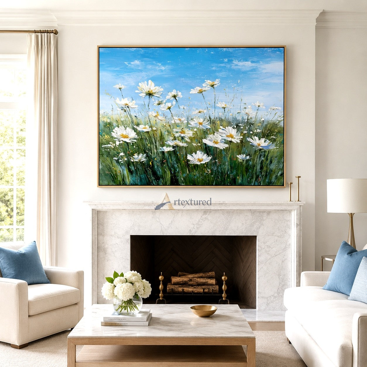 Daisy Meadow Wall Art with Blue Sky#LL20260025