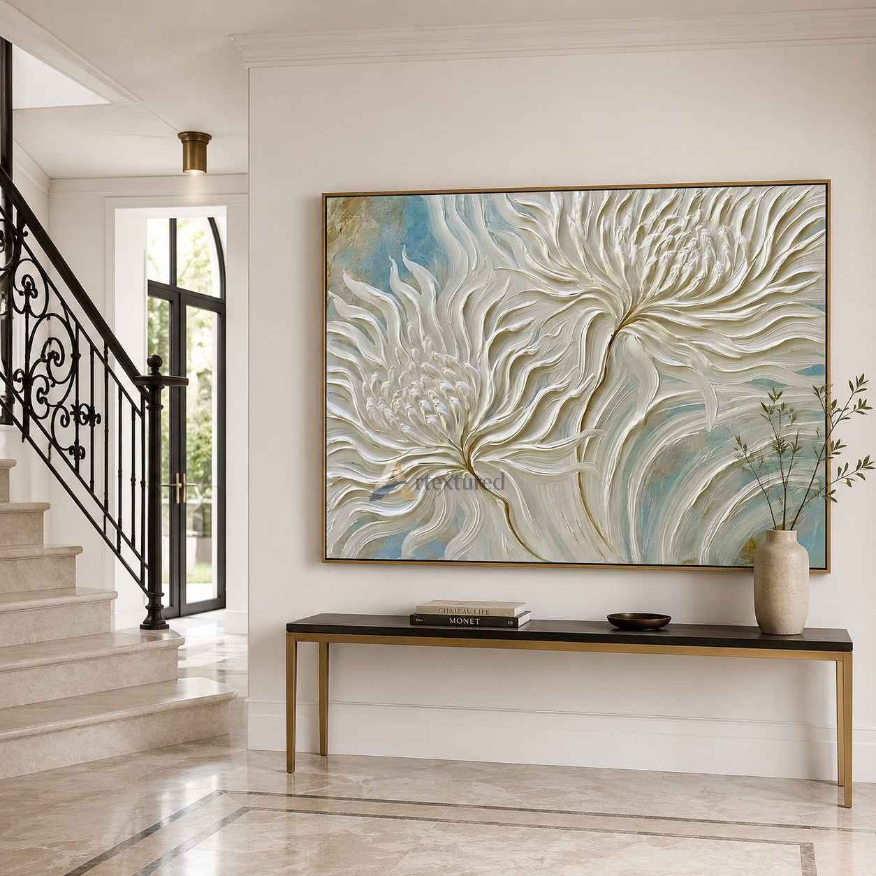 White 3D Floral Wall Art with Soft Blue Background#LL20260031