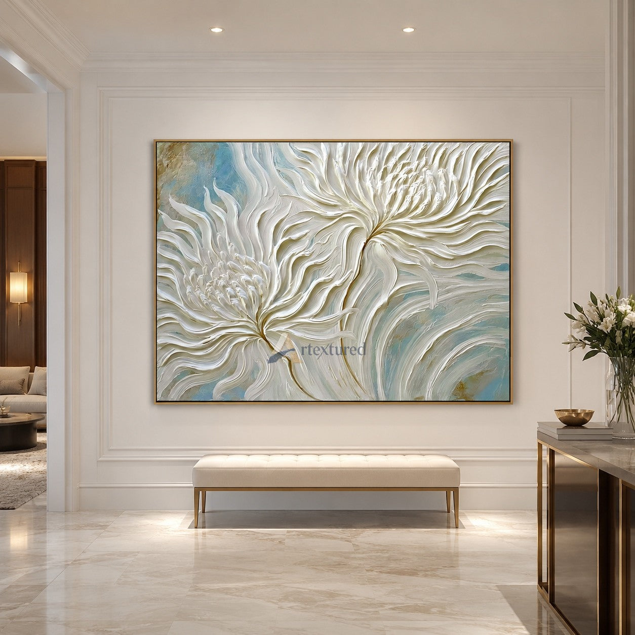 White 3D Floral Wall Art with Soft Blue Background#LL20260031