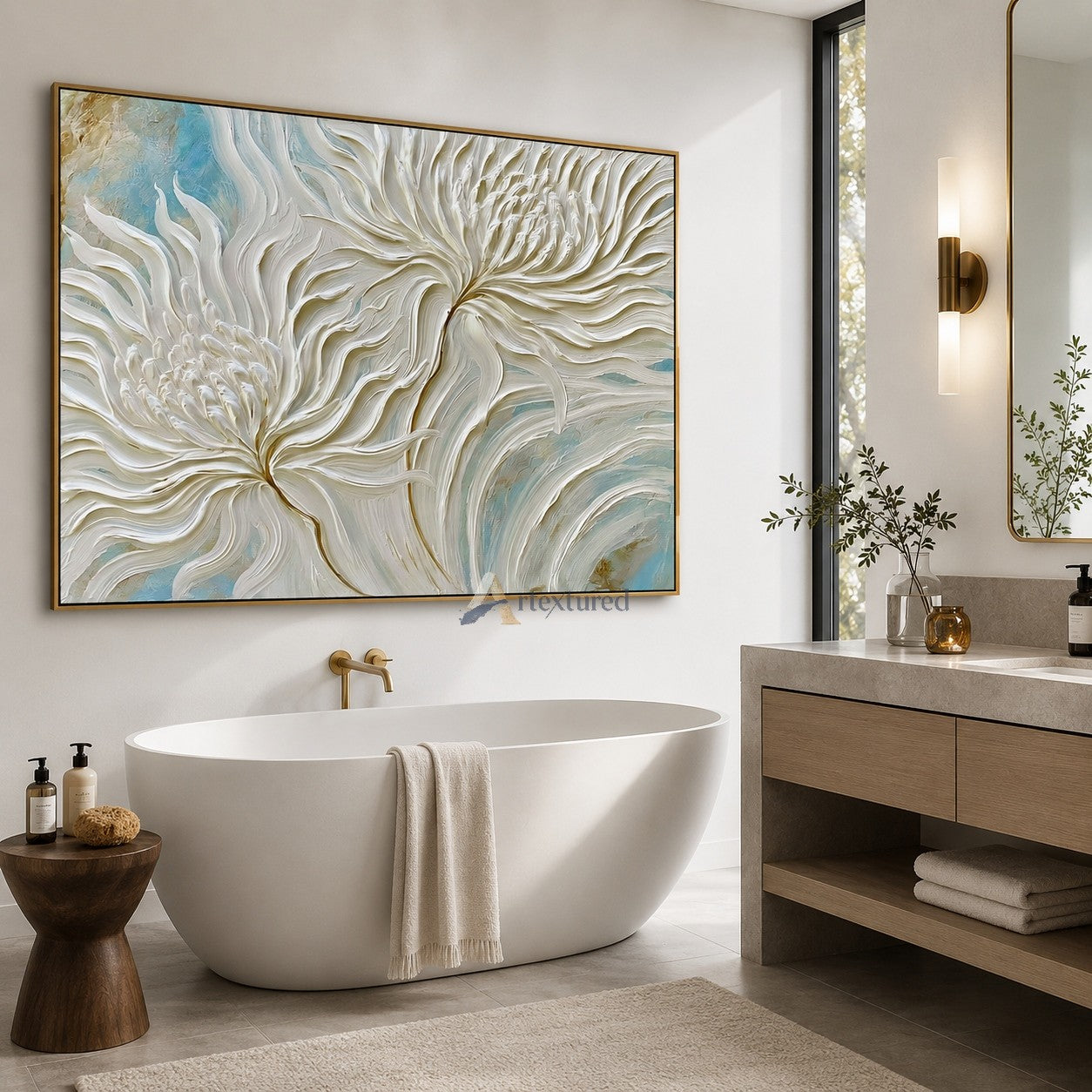 White 3D Floral Wall Art with Soft Blue Background#LL20260031