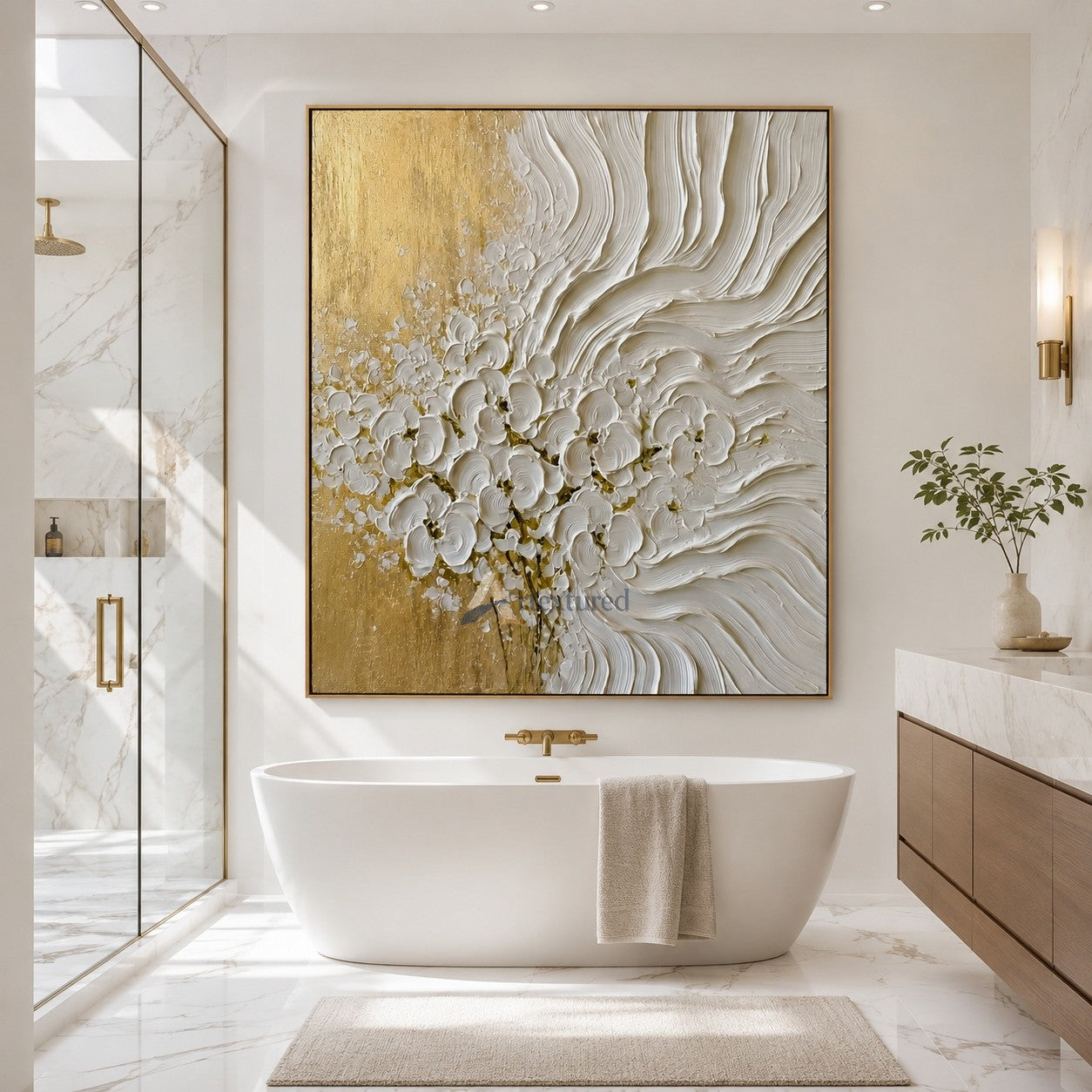 Ivory Gold 3D Floral Textured Wall Art#LL20260032