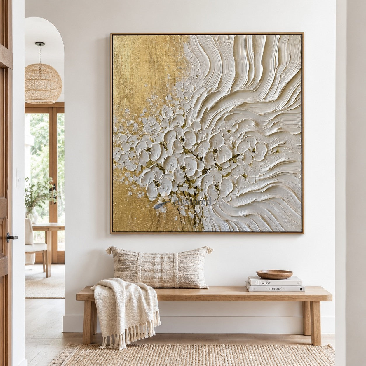 Ivory Gold 3D Floral Textured Wall Art#LL20260032