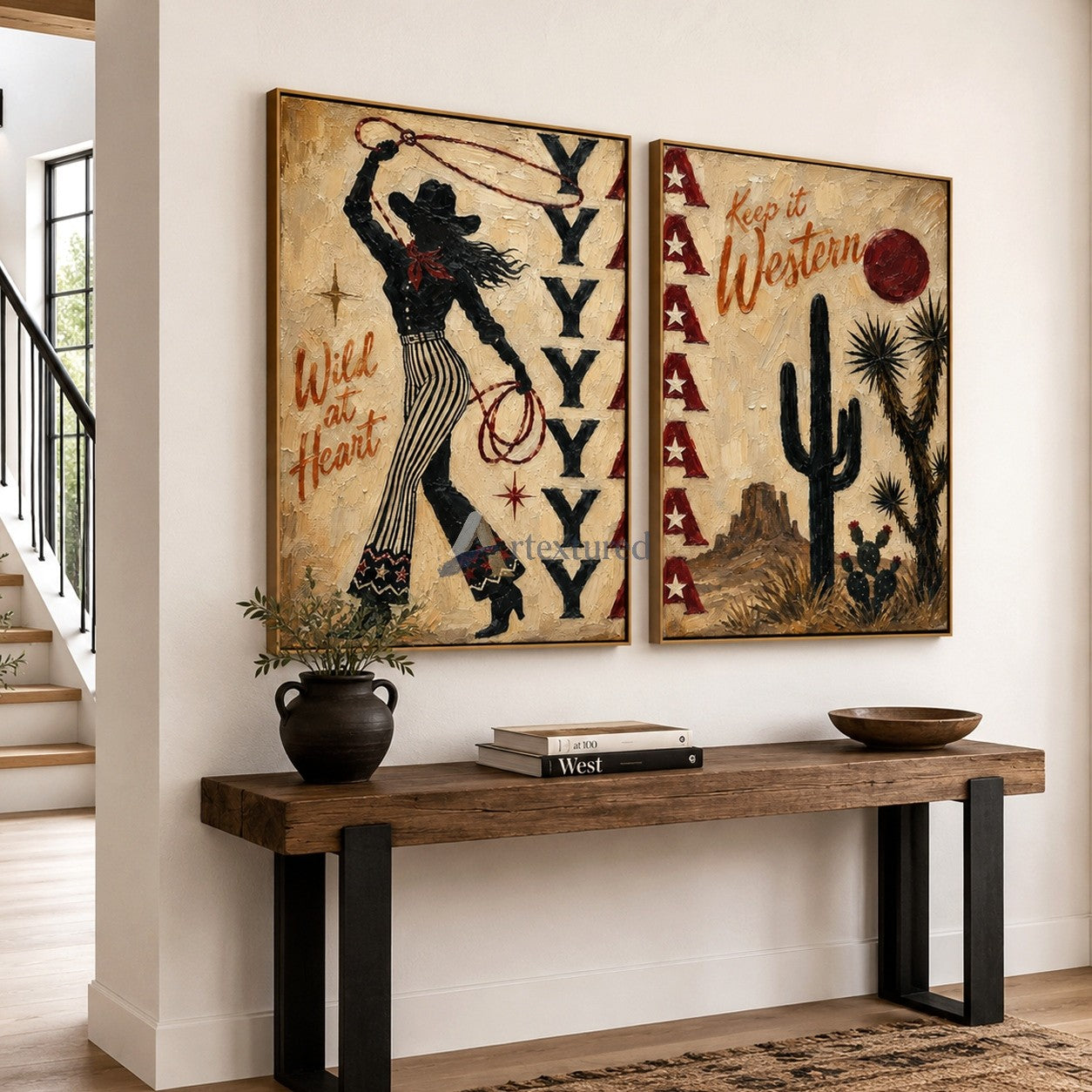 Western Cowgirl Wall Art Set – Rustic Desert Canvas Painting#LL20260034